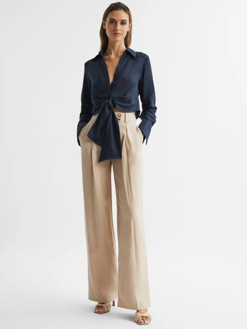 Reiss Navy Dahlia Linen Cropped Tie Front Blouse 5 Reiss Navy Dahlia Linen Cropped Tie Front Blouse - Image 3