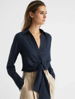 Reiss Navy Dahlia Linen Cropped Tie Front Blouse 11 Reiss Navy Dahlia Linen Cropped Tie Front Blouse -Style Trend Shop D68 902s4