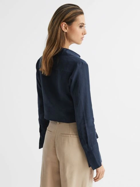 Reiss Navy Dahlia Linen Cropped Tie Front Blouse 7 Reiss Navy Dahlia Linen Cropped Tie Front Blouse - Image 5