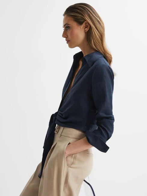 Reiss Navy Dahlia Linen Cropped Tie Front Blouse 8 Reiss Navy Dahlia Linen Cropped Tie Front Blouse - Image 6