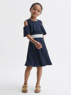Reiss Navy Paulina Senior Off-The-Shoulder Dress