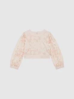 Reiss Pink Nella Senior Long Sleeve Lace Cropped Top -Style Trend Shop D68 959s2