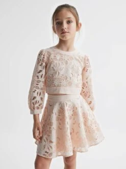 Reiss Pink Nella Junior Long Sleeve Lace Cropped Top