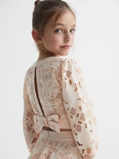 Reiss Pink Nella Junior Long Sleeve Lace Cropped Top -Style Trend Shop D68 960s6