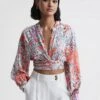 Reiss Coral/White Elle Floral Print Tie Front Cropped Blouse -Style Trend Shop D68 962s