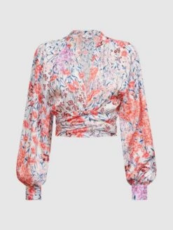 Reiss Coral/White Elle Floral Print Tie Front Cropped Blouse -Style Trend Shop D68 962s2