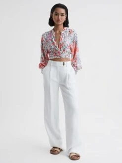 Reiss Coral/White Elle Floral Print Tie Front Cropped Blouse -Style Trend Shop D68 962s3