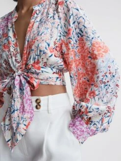 Reiss Coral/White Elle Floral Print Tie Front Cropped Blouse -Style Trend Shop D68 962s4