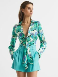 Reiss Aquamarine Dana Floral Print Tie Front Cropped Blouse
