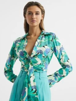 Reiss Aquamarine Dana Floral Print Tie Front Cropped Blouse -Style Trend Shop D68 964s4