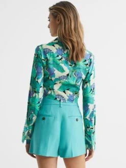 Reiss Aquamarine Dana Floral Print Tie Front Cropped Blouse -Style Trend Shop D68 964s5