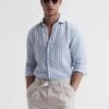 Reiss Soft Blue Herringbone Stripe Ruban Linen Long Sleeve Shirt