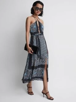 Reiss Navy/Blue Aliana Floral Print Fitted Midi Dress -Style Trend Shop D68 981s3