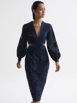 Reiss Navy Zena Lace Cut-Out Midi Dress
