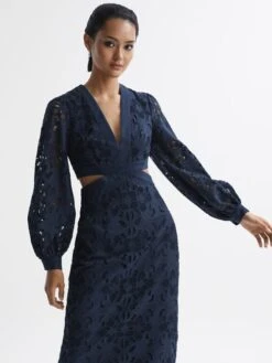 Reiss Navy Zena Lace Cut-Out Midi Dress -Style Trend Shop D68 984s6