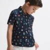 Reiss Navy Archer Junior Beach Print Cuban Collar Shirt -Style Trend Shop D70 190s