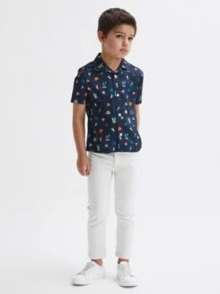 Reiss Navy Archer Junior Beach Print Cuban Collar Shirt -Style Trend Shop D70 190s3