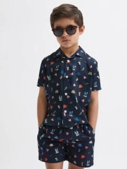 Reiss Navy Archer Junior Beach Print Cuban Collar Shirt -Style Trend Shop D70 190s6