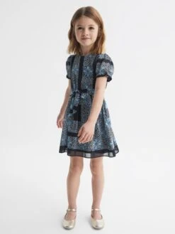 Reiss Navy Alianna Senior Floral Print Puff Sleeve Dress