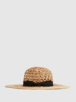 Reiss Neutral Eloise Crochet Raffia Wide Brim Hat