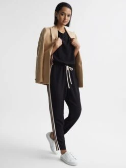 Reiss Black Tyla Side Stripe Jumpsuit -Style Trend Shop D75 713s6