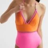 Reiss Orange/Pink Ray Colourblock Halter Swimsuit -Style Trend Shop D75727s