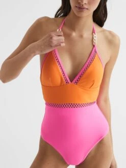 Reiss Orange/Pink Ray Colourblock Halter Swimsuit