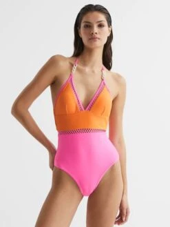 Reiss Orange/Pink Ray Colourblock Halter Swimsuit -Style Trend Shop D75727s3