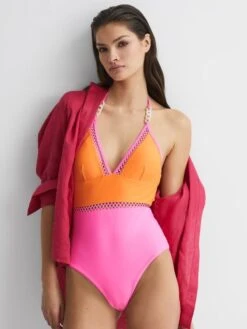 Reiss Orange/Pink Ray Colourblock Halter Swimsuit -Style Trend Shop D75727s4