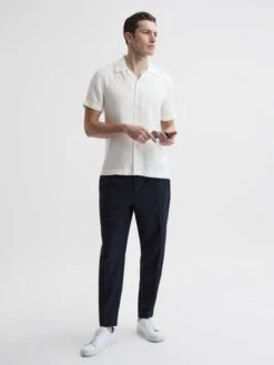 Reiss Ecru Vitus Slim Fit Cuban Collar Ribbed Polo -Style Trend Shop D78 226s6