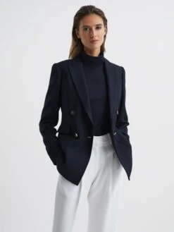 Reiss Navy Larsson Double Breasted Twill Blazer
