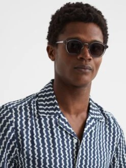 Reiss Navy Mayday Slim Fit Cuban Collar Printed Shirt -Style Trend Shop D78 235s4