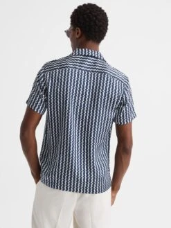 Reiss Navy Mayday Slim Fit Cuban Collar Printed Shirt -Style Trend Shop D78 235s5