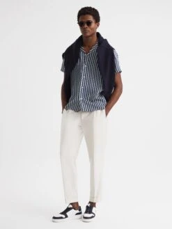 Reiss Navy Mayday Slim Fit Cuban Collar Printed Shirt -Style Trend Shop D78 235s6