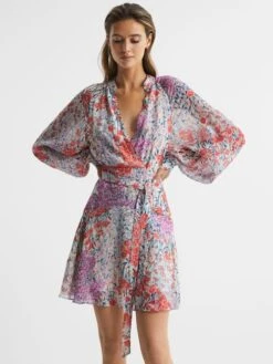 Reiss Coral/White Kiera Floral Printed Mini Dress -Style Trend Shop D79 051s3