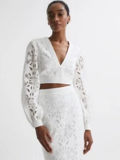 Reiss White Immi Lace Cropped Co-ord Blouse