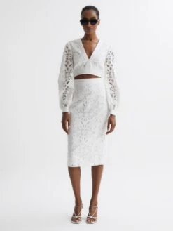 Reiss White Immi Lace Cropped Co-ord Blouse -Style Trend Shop D79 059s3