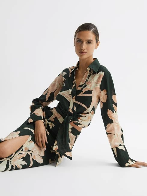 Reiss Khaki Dahlia Print Linen Cropped Tie Front Blouse 3 Reiss Khaki Dahlia Print Linen Cropped Tie Front Blouse