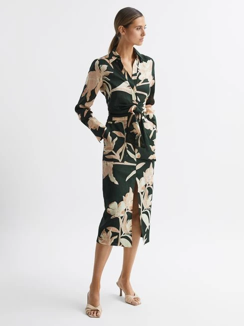 Reiss Khaki Dahlia Print Linen Cropped Tie Front Blouse 5 Reiss Khaki Dahlia Print Linen Cropped Tie Front Blouse - Image 3