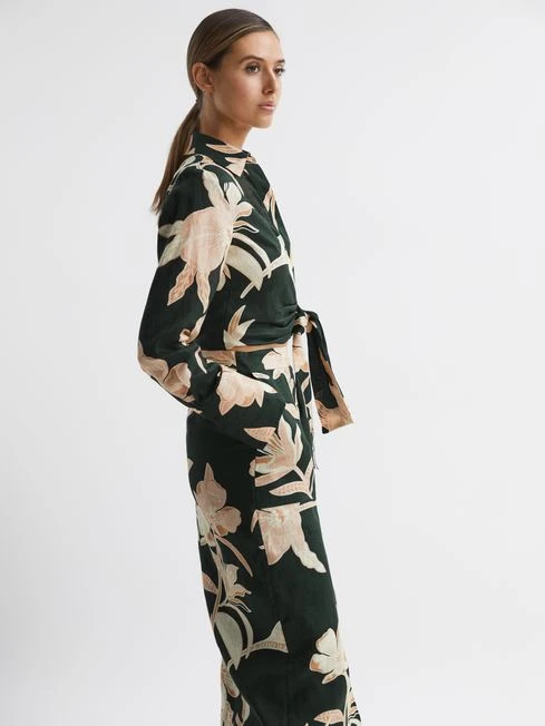 Reiss Khaki Dahlia Print Linen Cropped Tie Front Blouse 6 Reiss Khaki Dahlia Print Linen Cropped Tie Front Blouse - Image 4