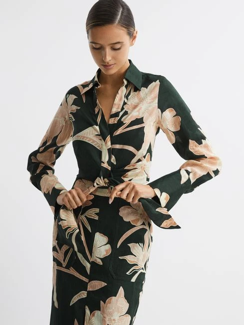 Reiss Khaki Dahlia Print Linen Cropped Tie Front Blouse 8 Reiss Khaki Dahlia Print Linen Cropped Tie Front Blouse - Image 6