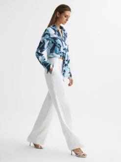 Reiss Navy/Blue Dahlia Print Linen Cropped Tie Front Blouse