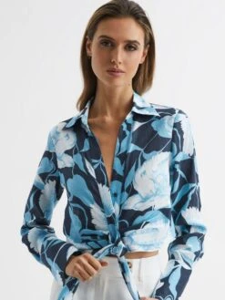 Reiss Navy/Blue Dahlia Print Linen Cropped Tie Front Blouse -Style Trend Shop D80 060s3