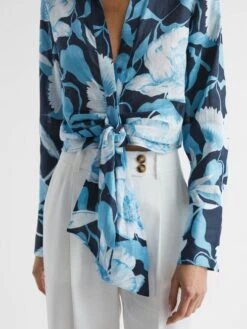 Reiss Navy/Blue Dahlia Print Linen Cropped Tie Front Blouse -Style Trend Shop D80 060s4