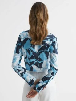 Reiss Navy/Blue Dahlia Print Linen Cropped Tie Front Blouse -Style Trend Shop D80 060s5