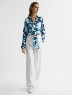 Reiss Navy/Blue Dahlia Print Linen Cropped Tie Front Blouse -Style Trend Shop D80 060s6