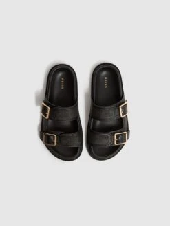 Reiss Black Ezra Raffia Leather Sliders -Style Trend Shop D81 087s3