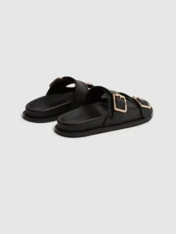 Reiss Black Ezra Raffia Leather Sliders -Style Trend Shop D81 087s4