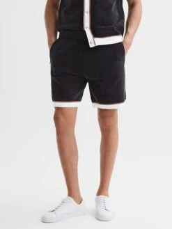 Reiss Black Fielder Relaxed Fit Elasticated Chenille Shorts