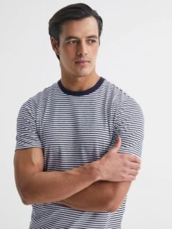 Reiss Navy/White Keats Striped Short Sleeve Crew Neck T-Shirt -Style Trend Shop D85 477s4